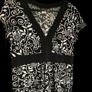 Womens Y2K Agenda Black & White V-Neck Abstract Floral Blouse Top M